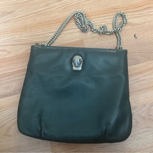 Vintage Ruth Green Leather Panther Cougar Head Purse Handbag Chain Silver - Picture 1 of 6